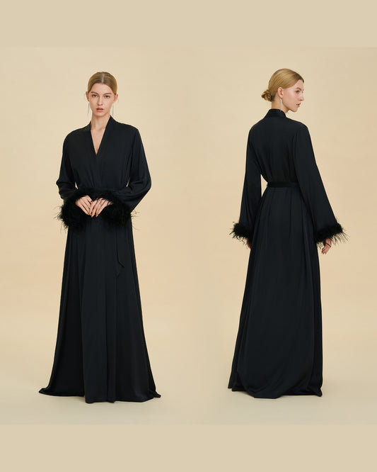 Floor-Length Feather-Trim Satin Bridal Robe
