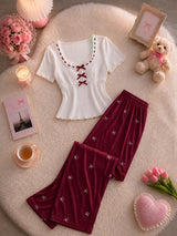Lace-Up Top & Printed Trousers Pyjama Set — image 1