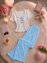 Lace-Up Top & Printed Trousers Pyjama Set — image 3