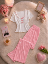 Lace-Up Top & Printed Trousers Pyjama Set — image 4