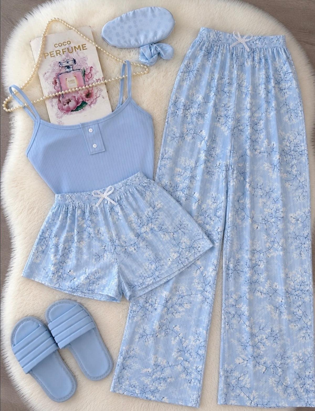 Floral Three-Piece Cami Pyjama Set — Blue / S