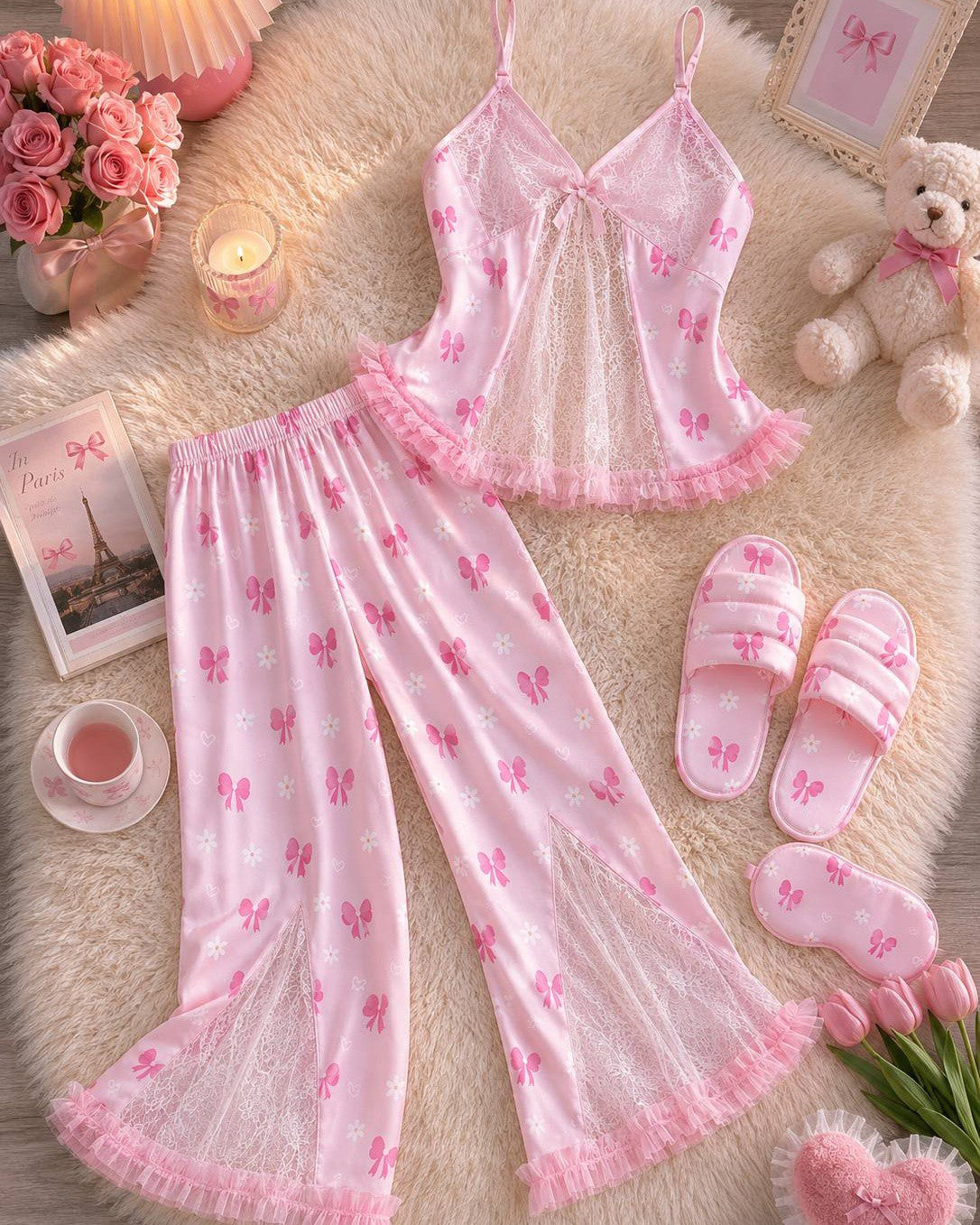 Lace-Trim Cami & Floral Trousers Pyjama Set — Pink / S