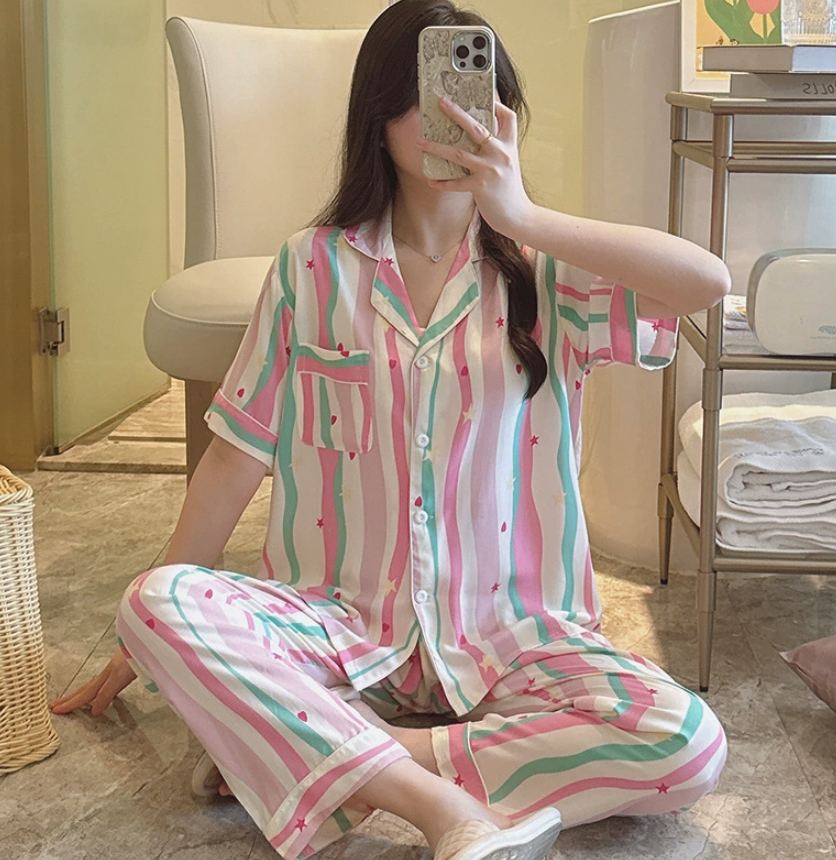 NO1302# Women’s Short Sleeve Printed Button Pajama Set Wholesale