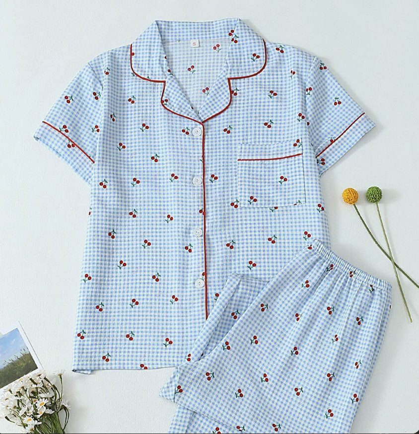 NO1300# Women’s Short Sleeve Printed Button Pajama Set Wholesale