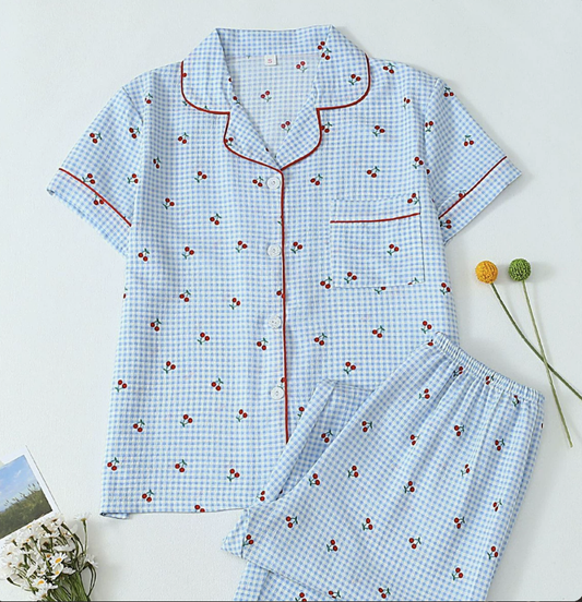 NO1300# Women’s Short Sleeve Printed Button Pajama Set Wholesale