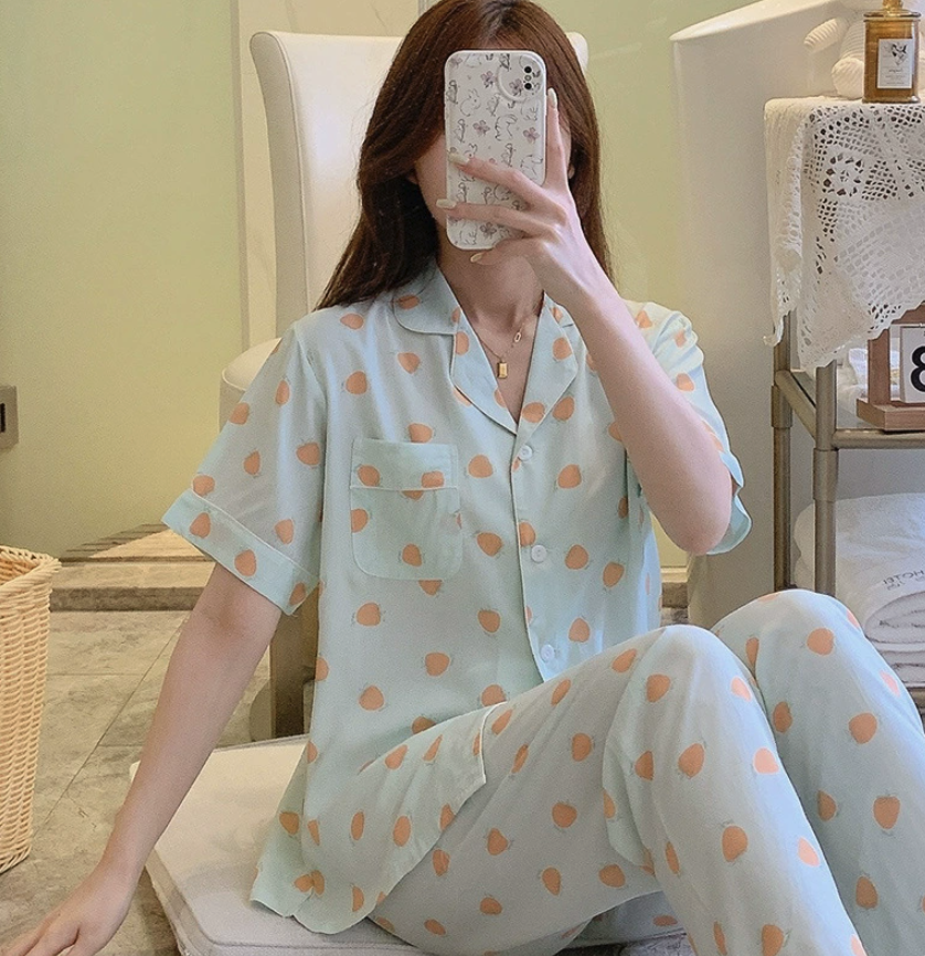 NO1302# Women’s Short Sleeve Printed Button Pajama Set Wholesale