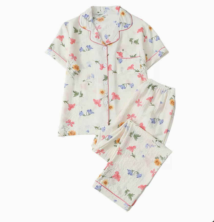 NO1300# Women’s Short Sleeve Printed Button Pajama Set Wholesale