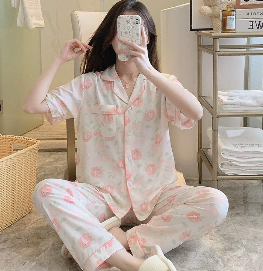 NO1302# Women’s Short Sleeve Printed Button Pajama Set Wholesale