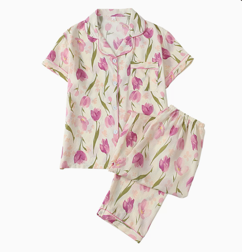 NO1300# Women’s Short Sleeve Printed Button Pajama Set Wholesale