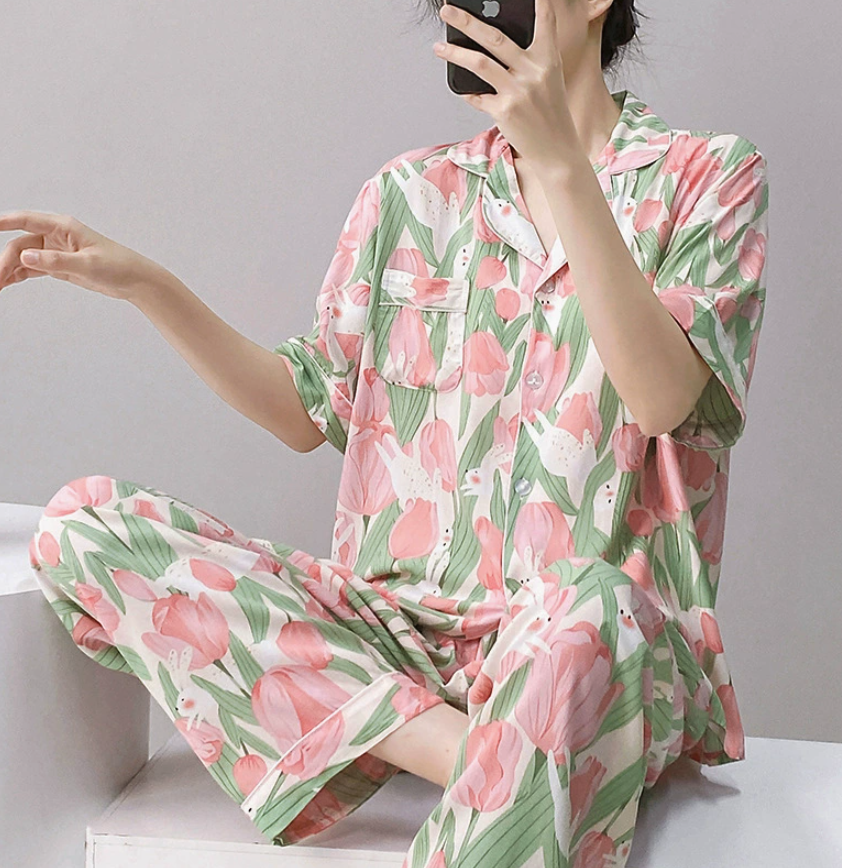 NO1302# Women’s Short Sleeve Printed Button Pajama Set Wholesale