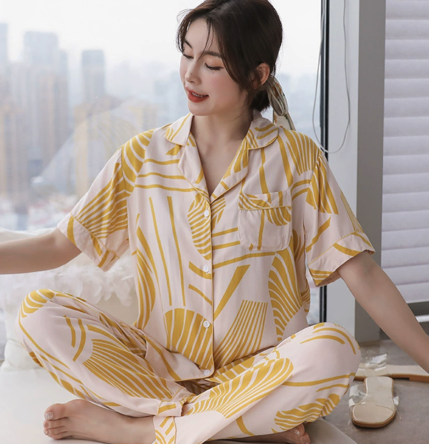 NO1302# Women’s Short Sleeve Printed Button Pajama Set Wholesale