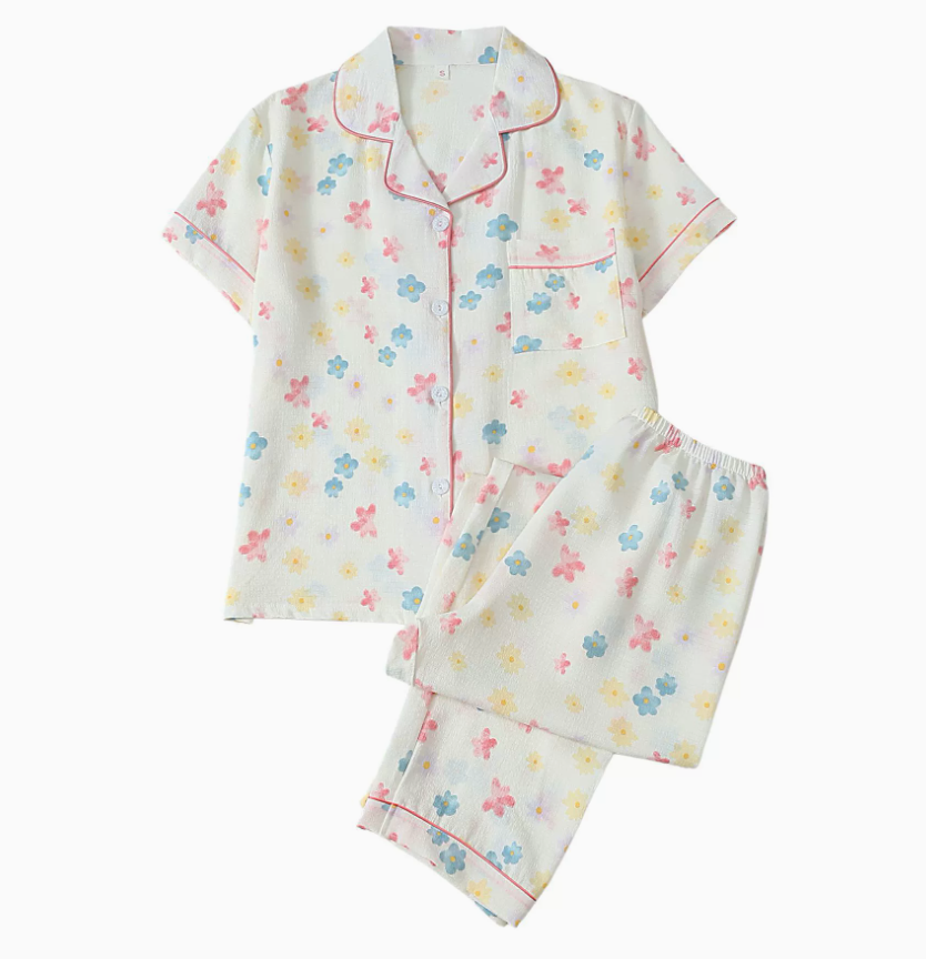 NO1300# Women’s Short Sleeve Printed Button Pajama Set Wholesale
