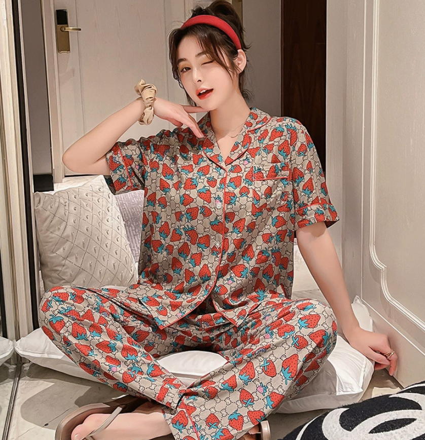 NO1302# Women’s Short Sleeve Printed Button Pajama Set Wholesale