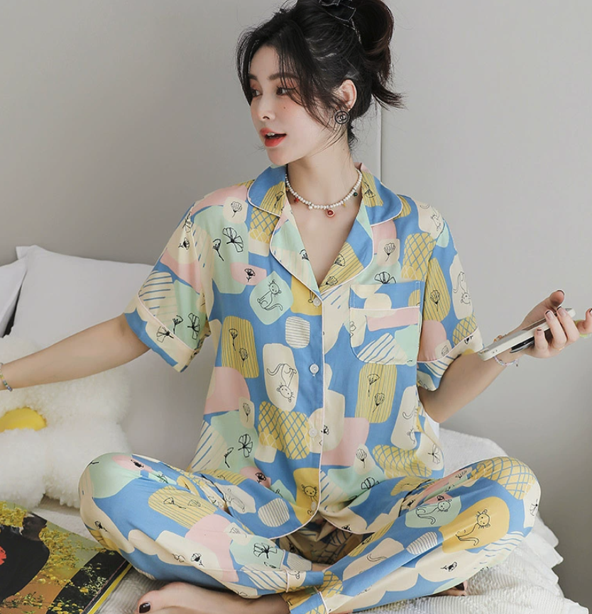 NO1302# Women’s Short Sleeve Printed Button Pajama Set Wholesale
