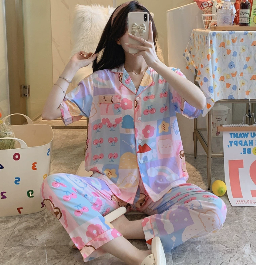NO1302# Women’s Short Sleeve Printed Button Pajama Set Wholesale