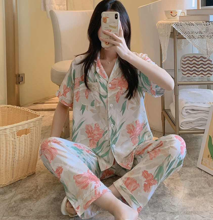 NO1302# Women’s Short Sleeve Printed Button Pajama Set Wholesale
