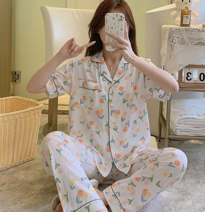 NO1302# Women’s Short Sleeve Printed Button Pajama Set Wholesale