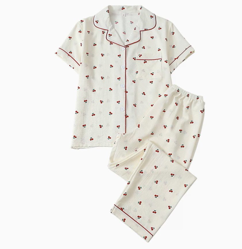 NO1300# Women’s Short Sleeve Printed Button Pajama Set Wholesale