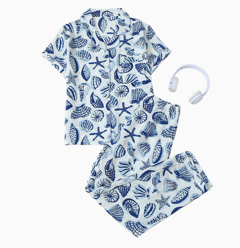 NO1300# Women’s Short Sleeve Printed Button Pajama Set Wholesale