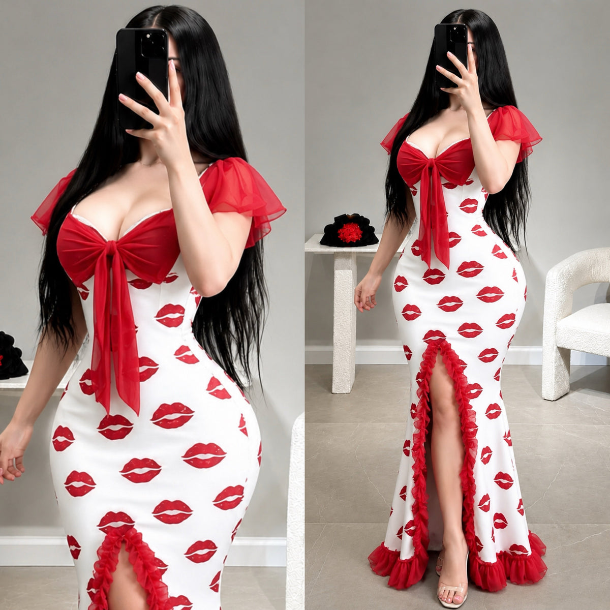 NO1272 women's lip print ruffle maxi sleep dress wholesale - image 1