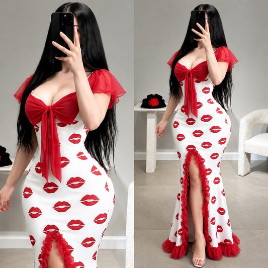 NO1272 women's lip print ruffle maxi sleep dress wholesale - image 1