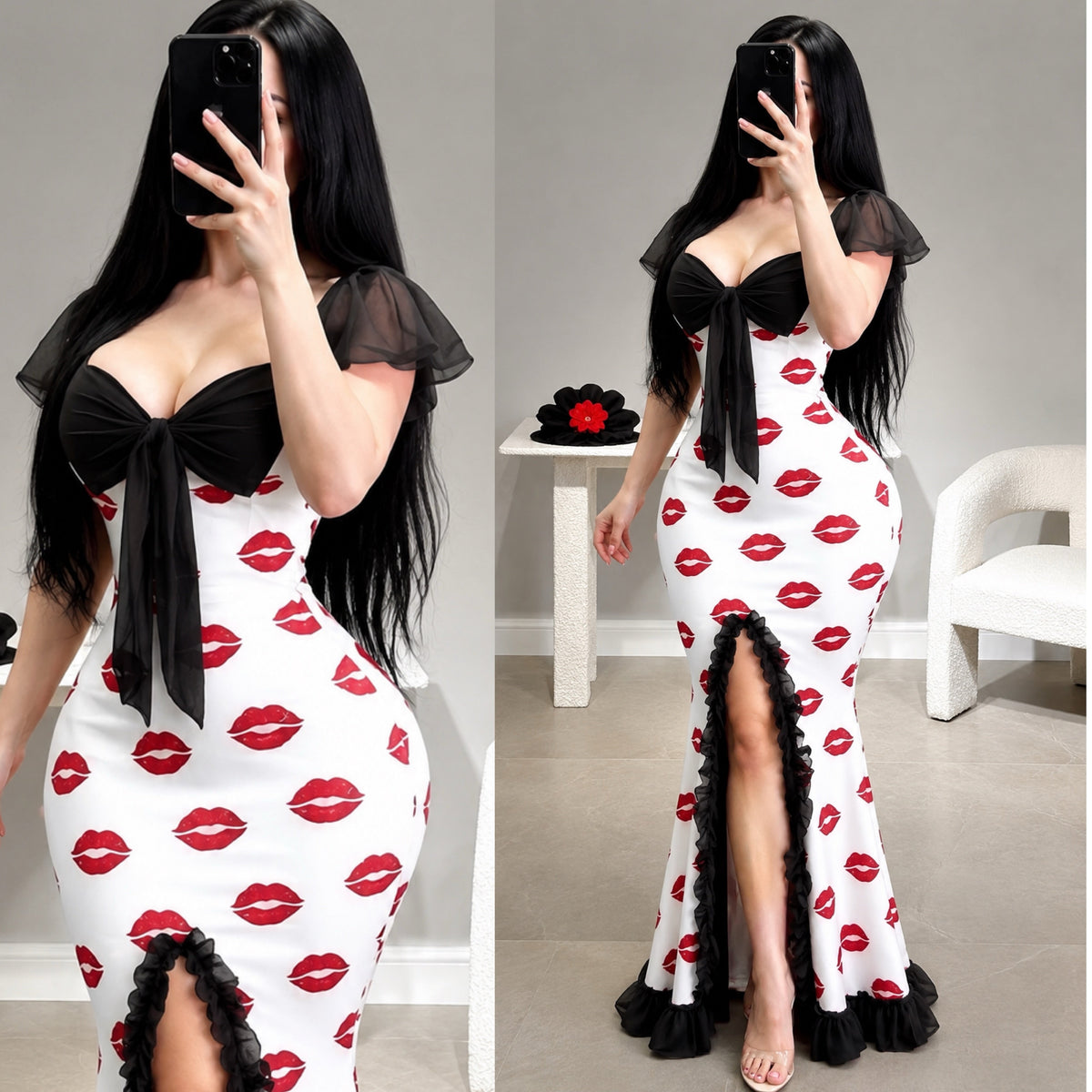 NO1272 women's lip print ruffle maxi sleep dress wholesale - image 2