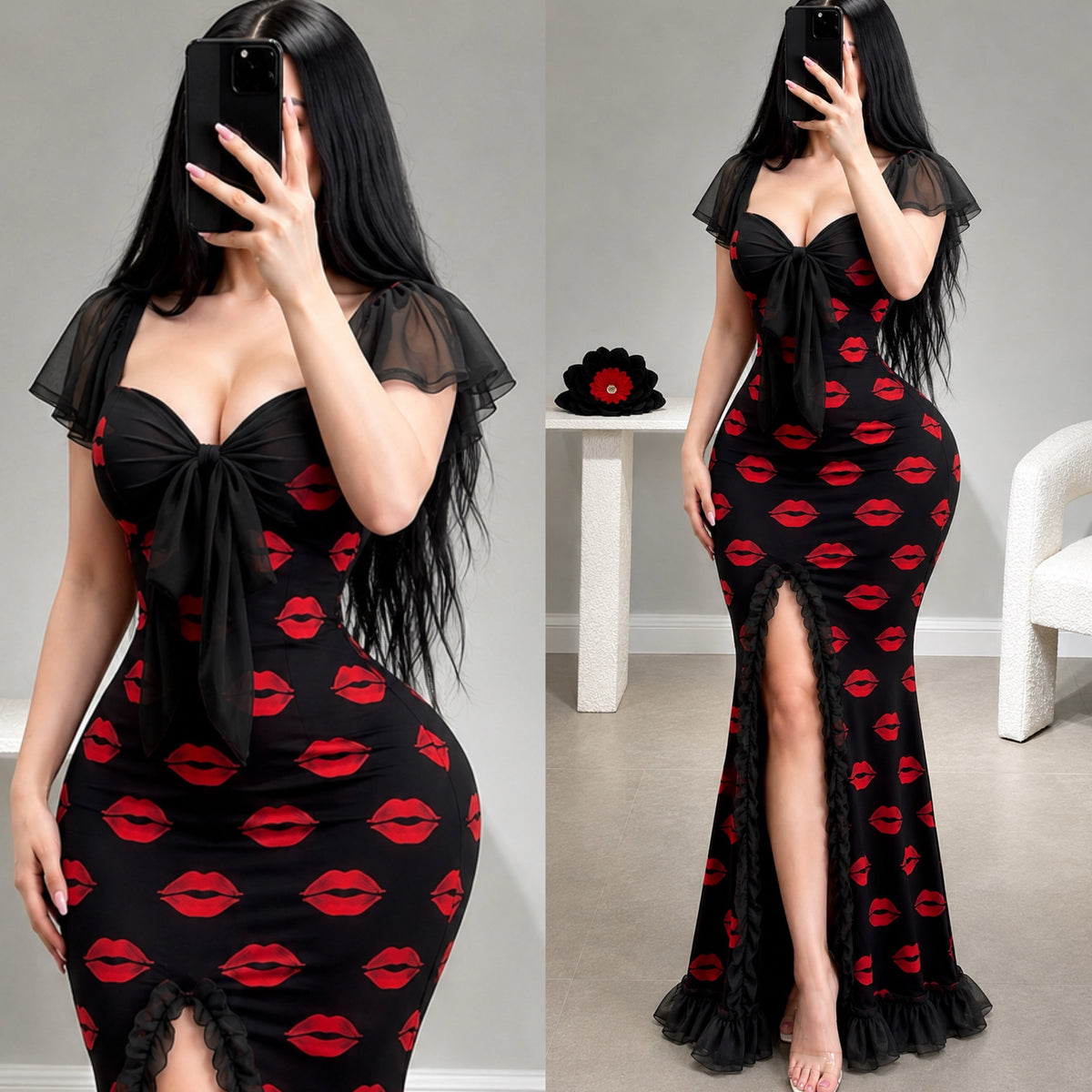 NO1272 women's lip print ruffle maxi sleep dress wholesale - image 3
