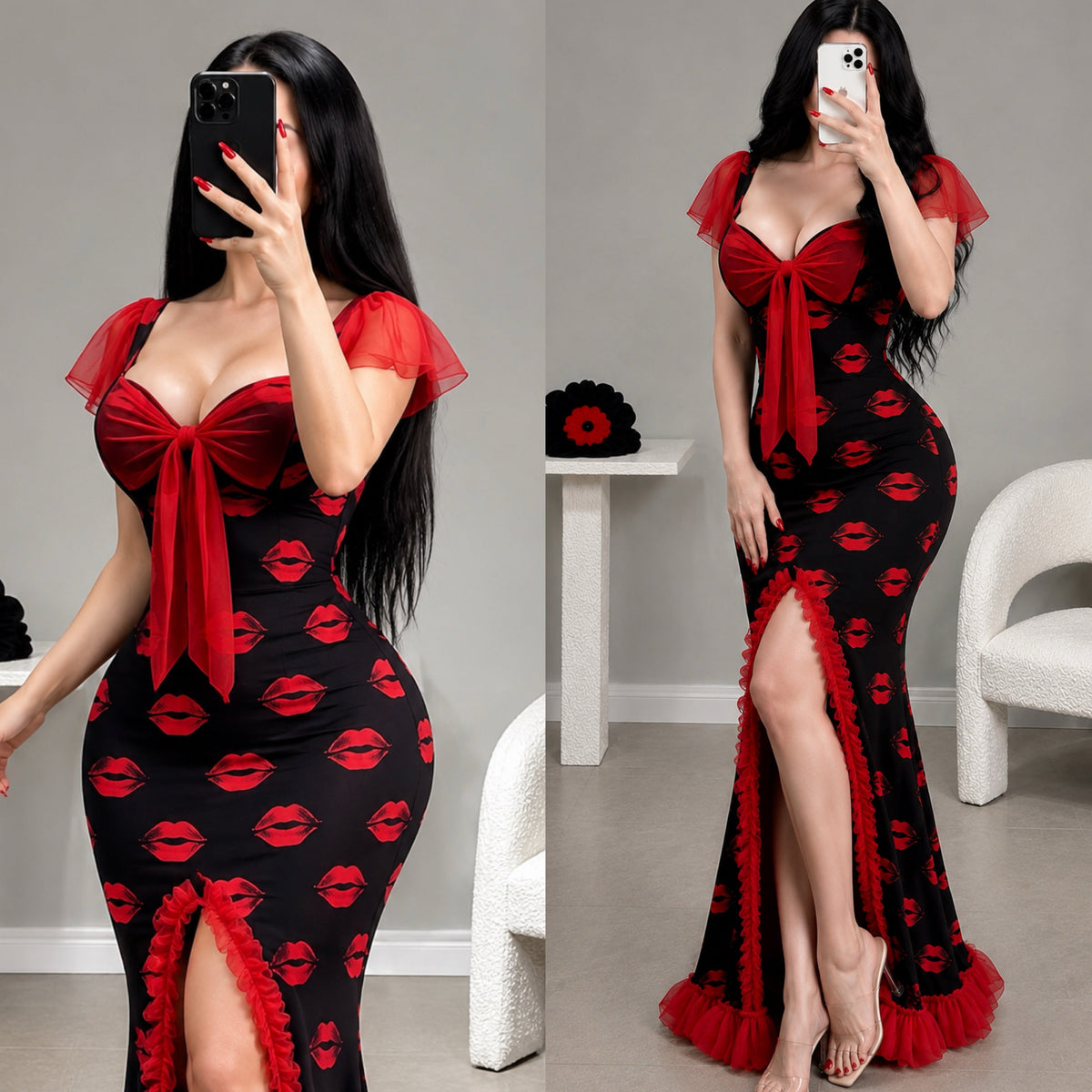 NO1272 women's lip print ruffle maxi sleep dress wholesale - image 4