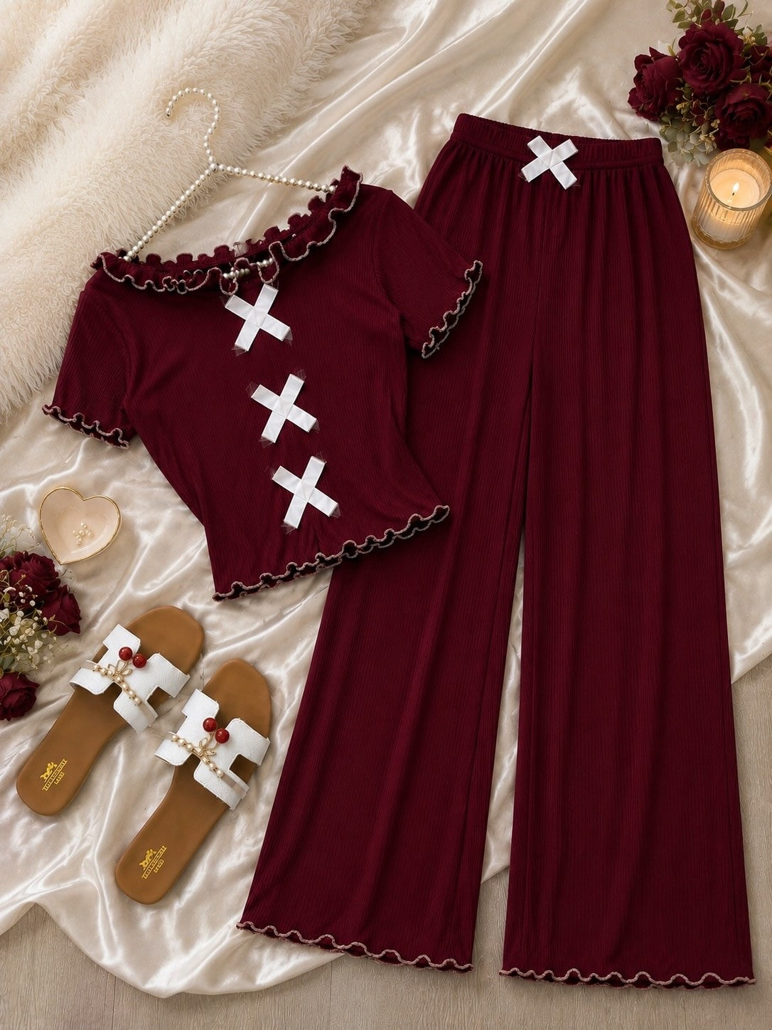 NO1273 women's bow detail ribbed pajama set wholesale - image 1