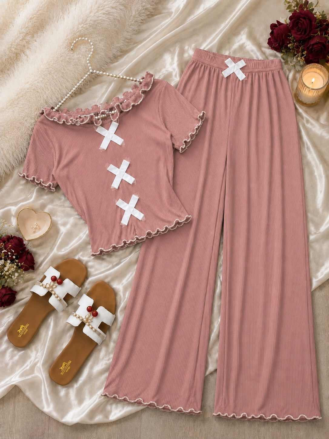 NO1273 women's bow detail ribbed pajama set wholesale - image 2