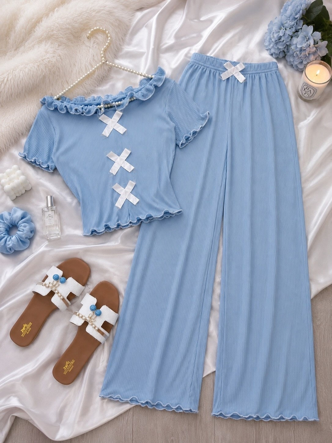 NO1273 women's bow detail ribbed pajama set wholesale - image 3