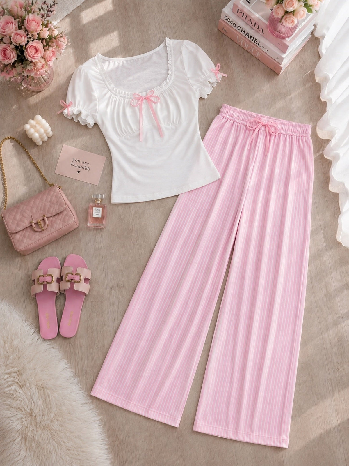 NO1274 women's bow detail striped pants pajama set wholesale - image 1