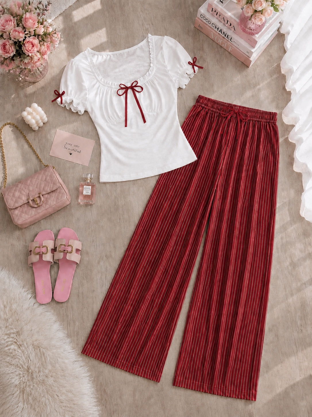 NO1274 women's bow detail striped pants pajama set wholesale - image 3