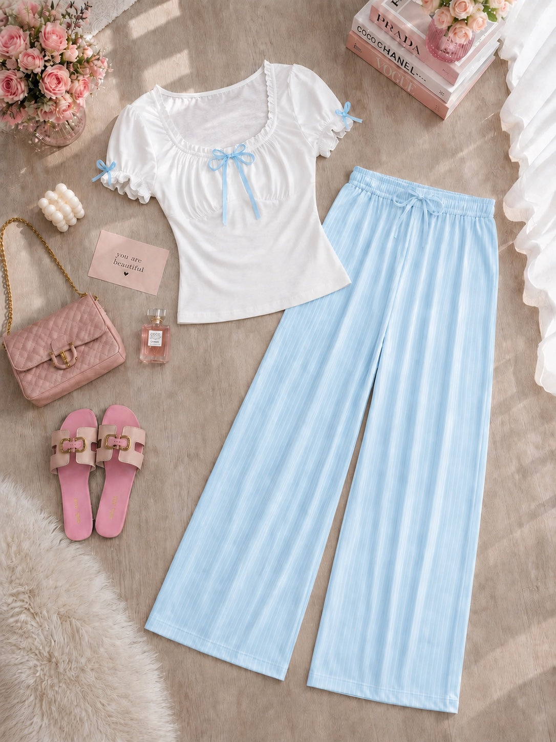 NO1274 women's bow detail striped pants pajama set wholesale - image 4