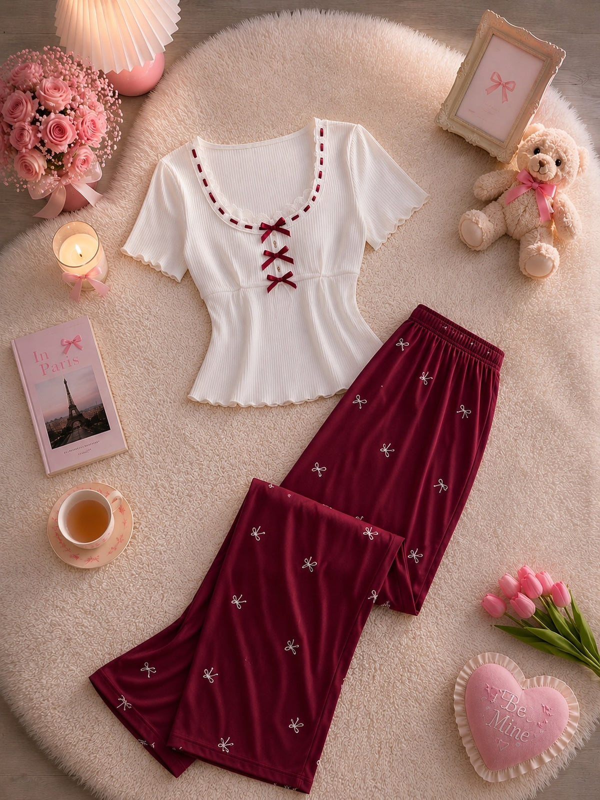NO1275 women's bow print ribbed pajama set wholesale - image 1
