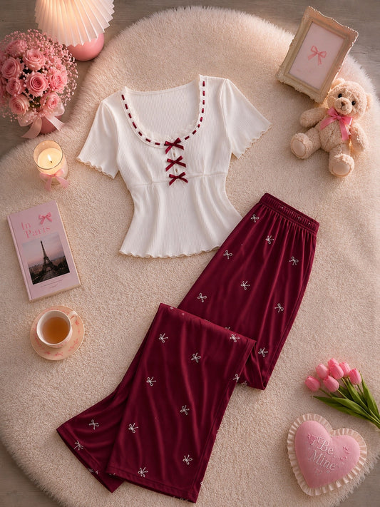 NO1275 women's bow print ribbed pajama set wholesale - image 1