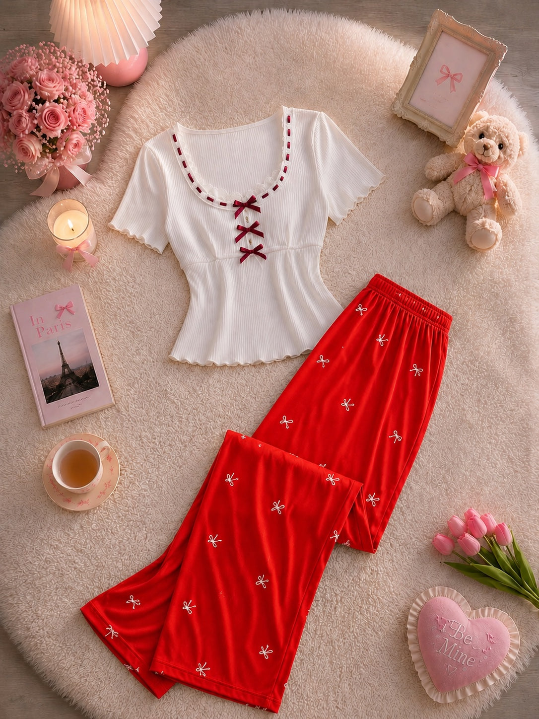 NO1275 women's bow print ribbed pajama set wholesale - image 2