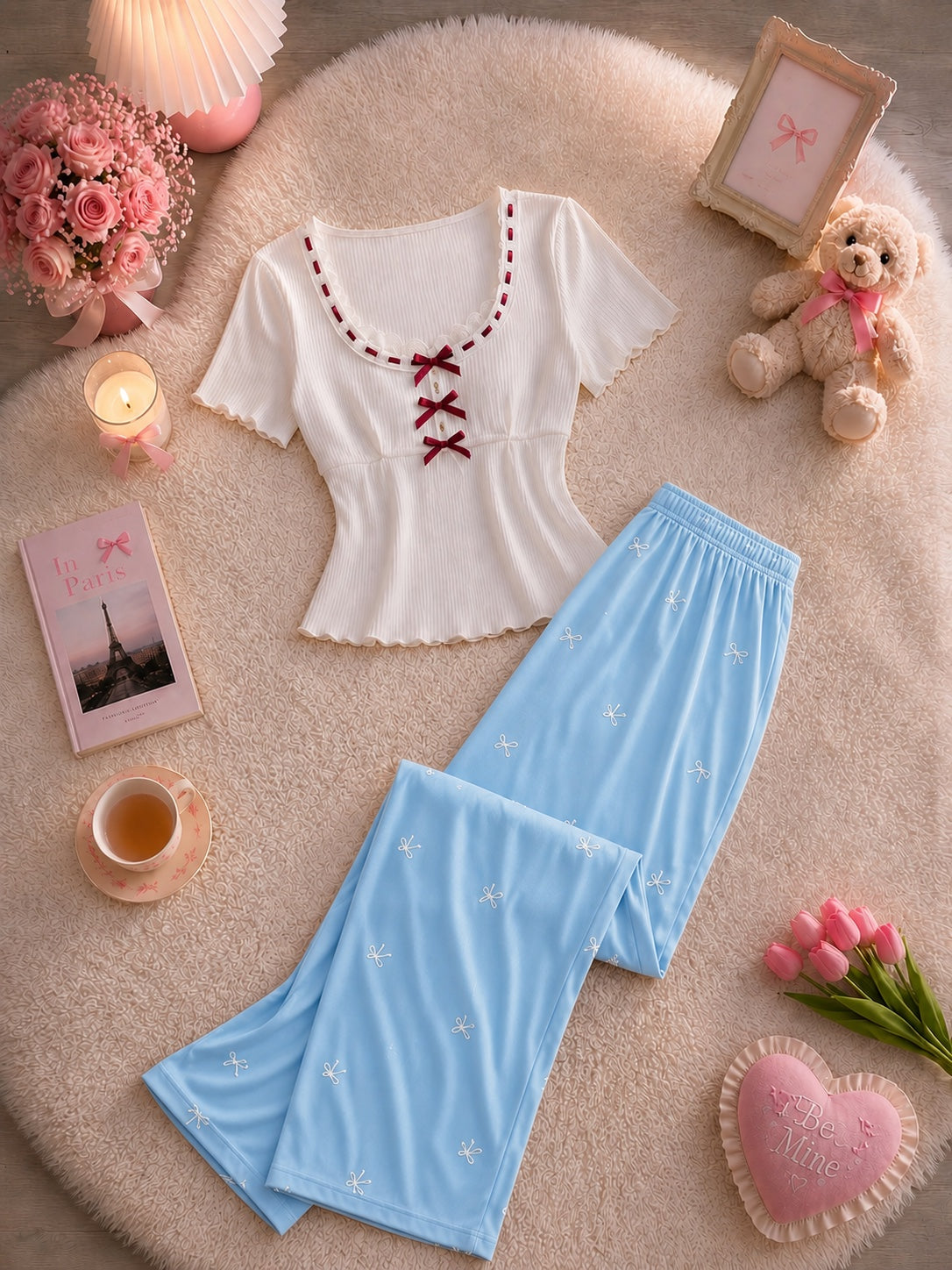 NO1275 women's bow print ribbed pajama set wholesale - image 3