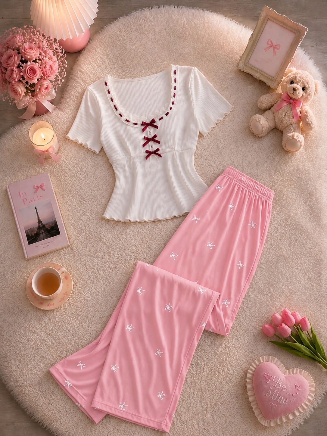 NO1275 women's bow print ribbed pajama set wholesale - image 4