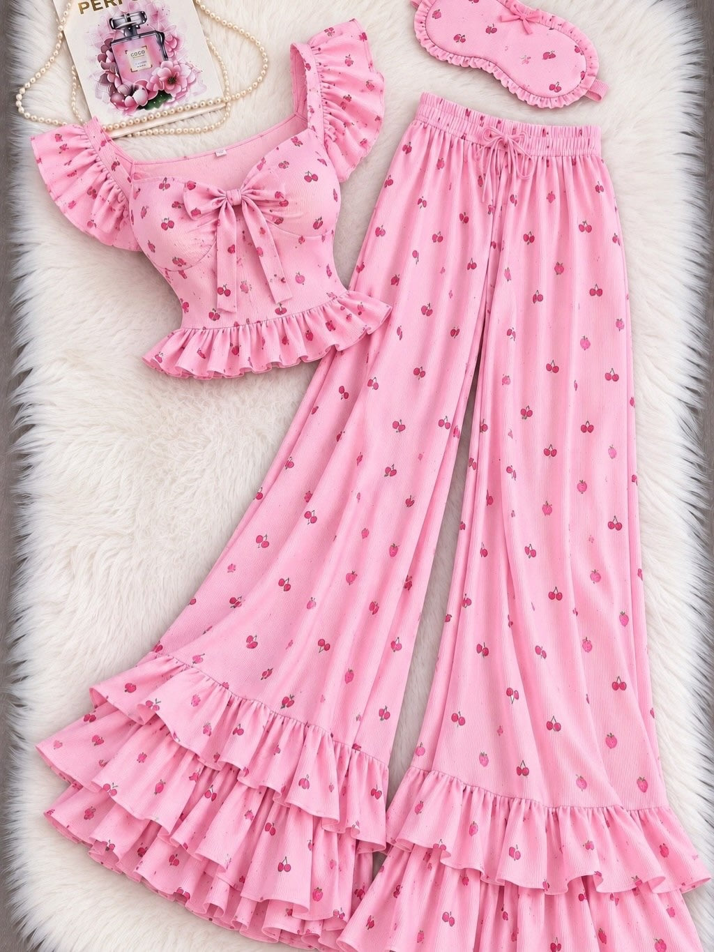 NO1276 women's cherry print ruffle camisole pajama set wholesale - image 1