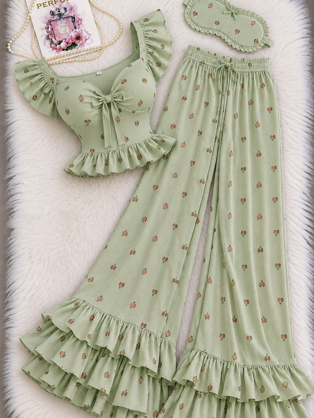 NO1276 women's cherry print ruffle camisole pajama set wholesale - image 2