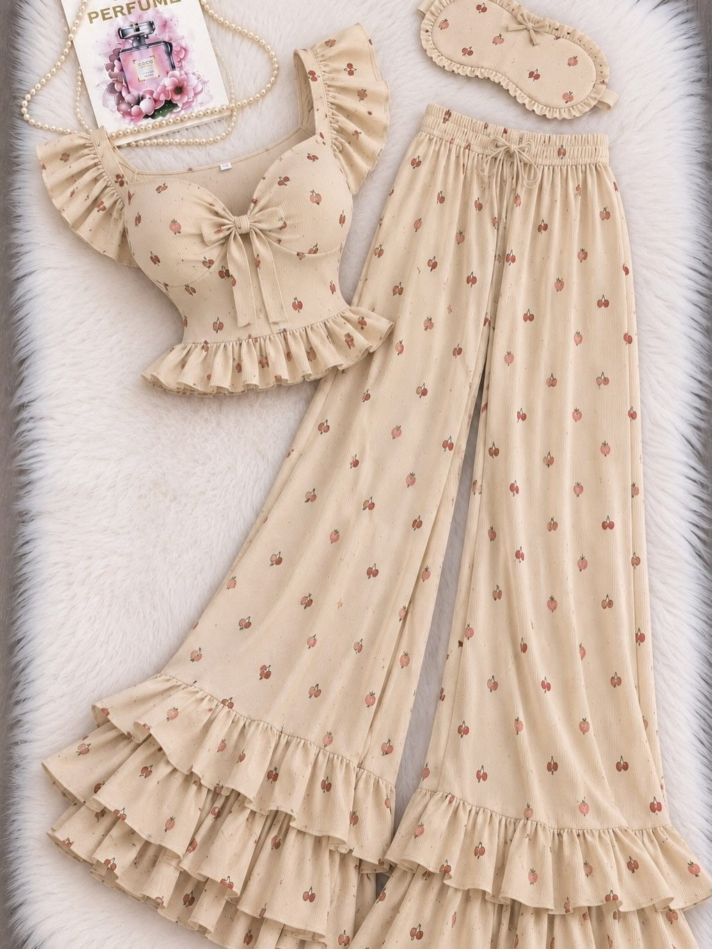 NO1276 women's cherry print ruffle camisole pajama set wholesale - image 3