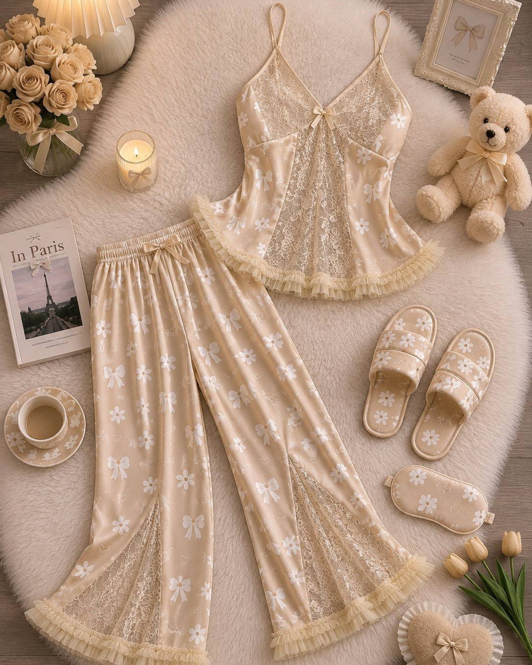 NO1286 women's bow print lace camisole pajama set wholesale - image 2