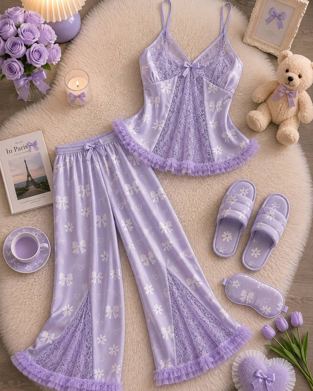 NO1286 women's bow print lace camisole pajama set wholesale - image 4