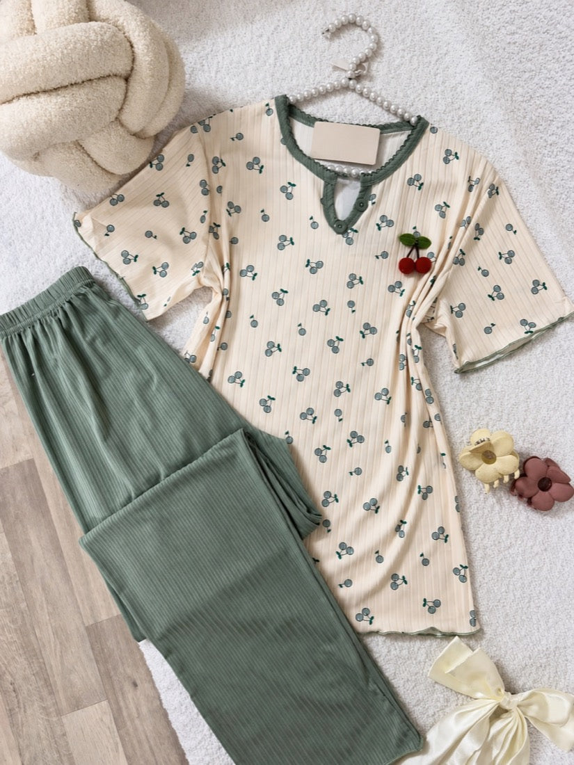 Cherry Print Short-Sleeve Pyjama Set — Sage Green / S