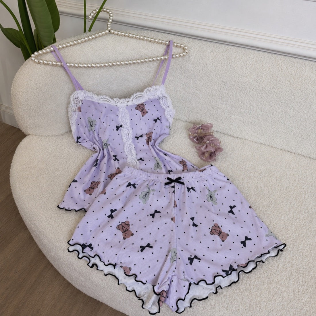 Lace-Trim Cami & Shorts Pyjama Set — Lilac / S