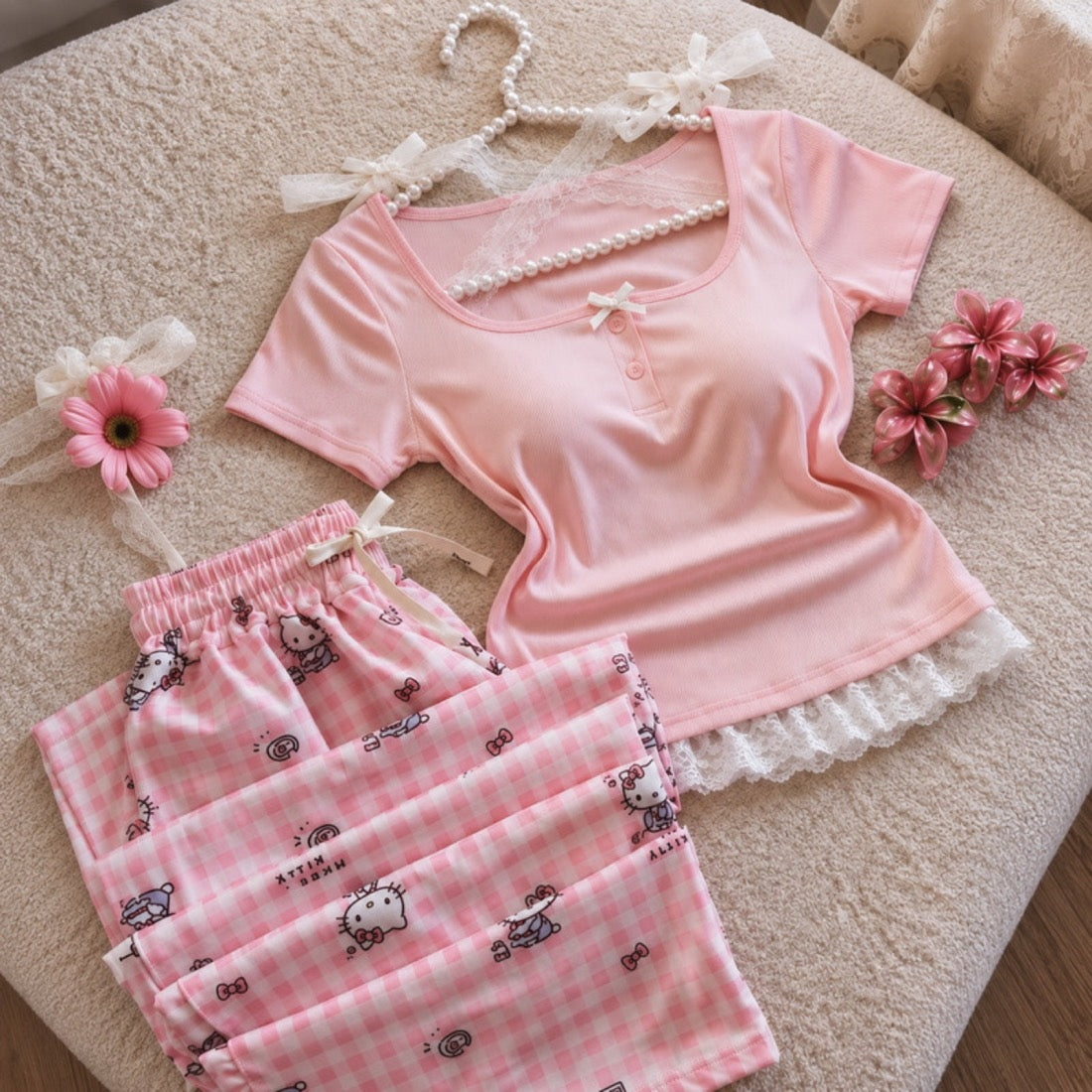 Lace-Trim Top & Check Pyjama Set — Pink / S