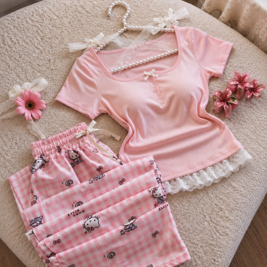 NO1255 women's pink lace trim pajama set wholesale - image 1