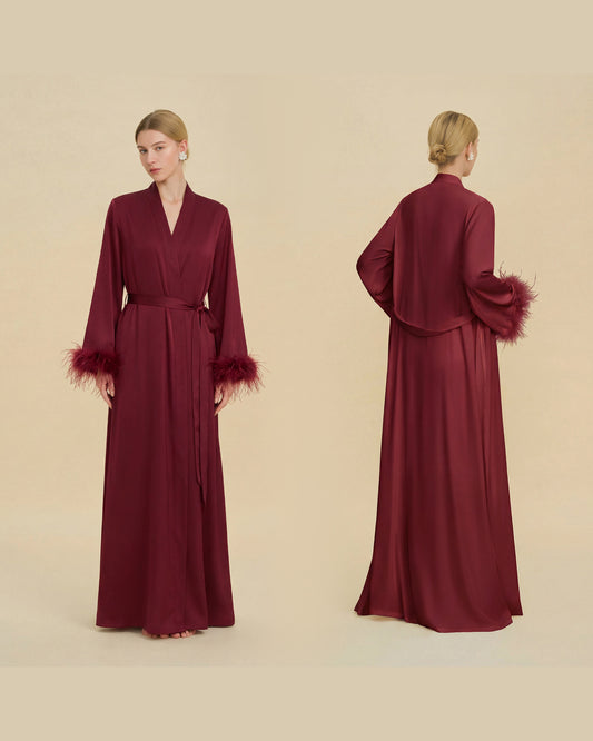 Floor-Length Feather-Trim Satin Bridal Robe